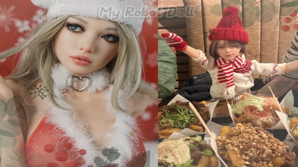 Festive promotional image of a holiday-themed sex doll