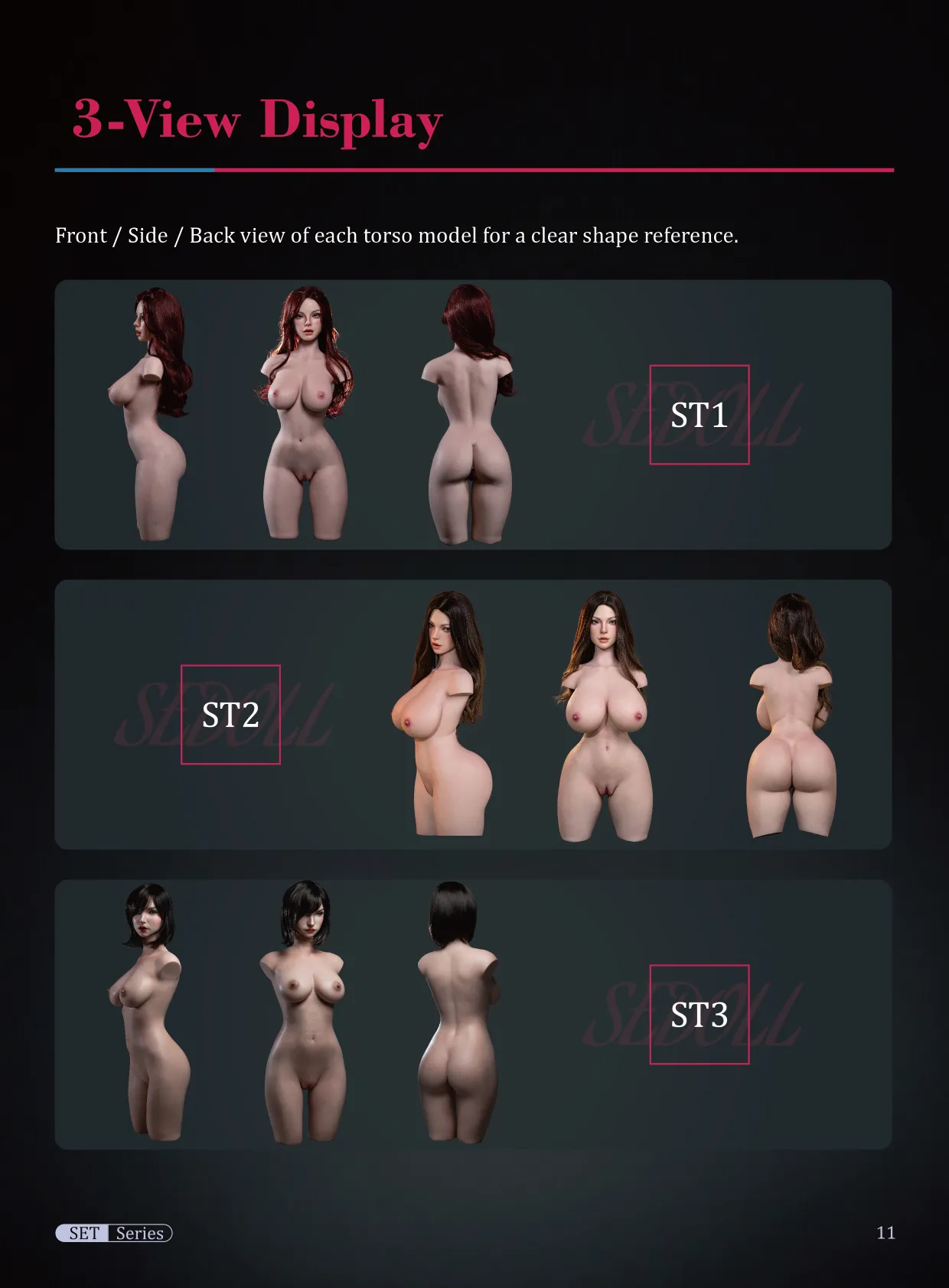 Three-view display of SE Doll torso showing front, side, and back