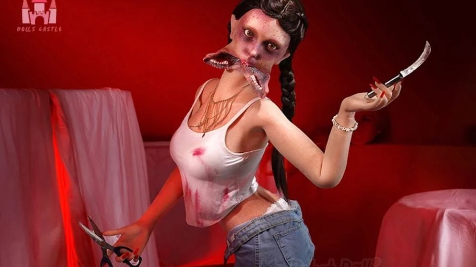 Detailed close-up of horror-styled doll makeup and texture