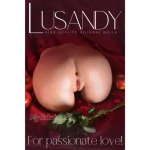 Lusandy silicone intimate toy butt model on red fabric with apples and rose petals