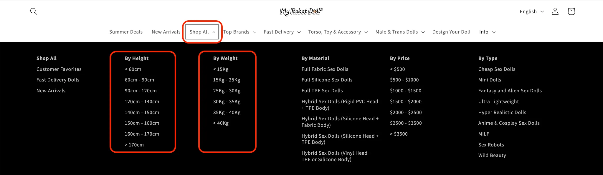 Height And Weight Filter Menu
