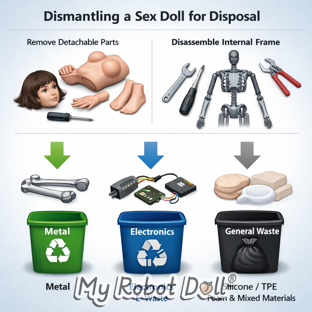 Dismantling A Sex Doll For Disposal — Infographic Showing Material Sorting Into Metal, Electronics And General Waste
