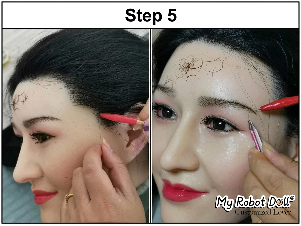 Step 5: Manually implant eyelashes and eyebrows on a custom sex doll face