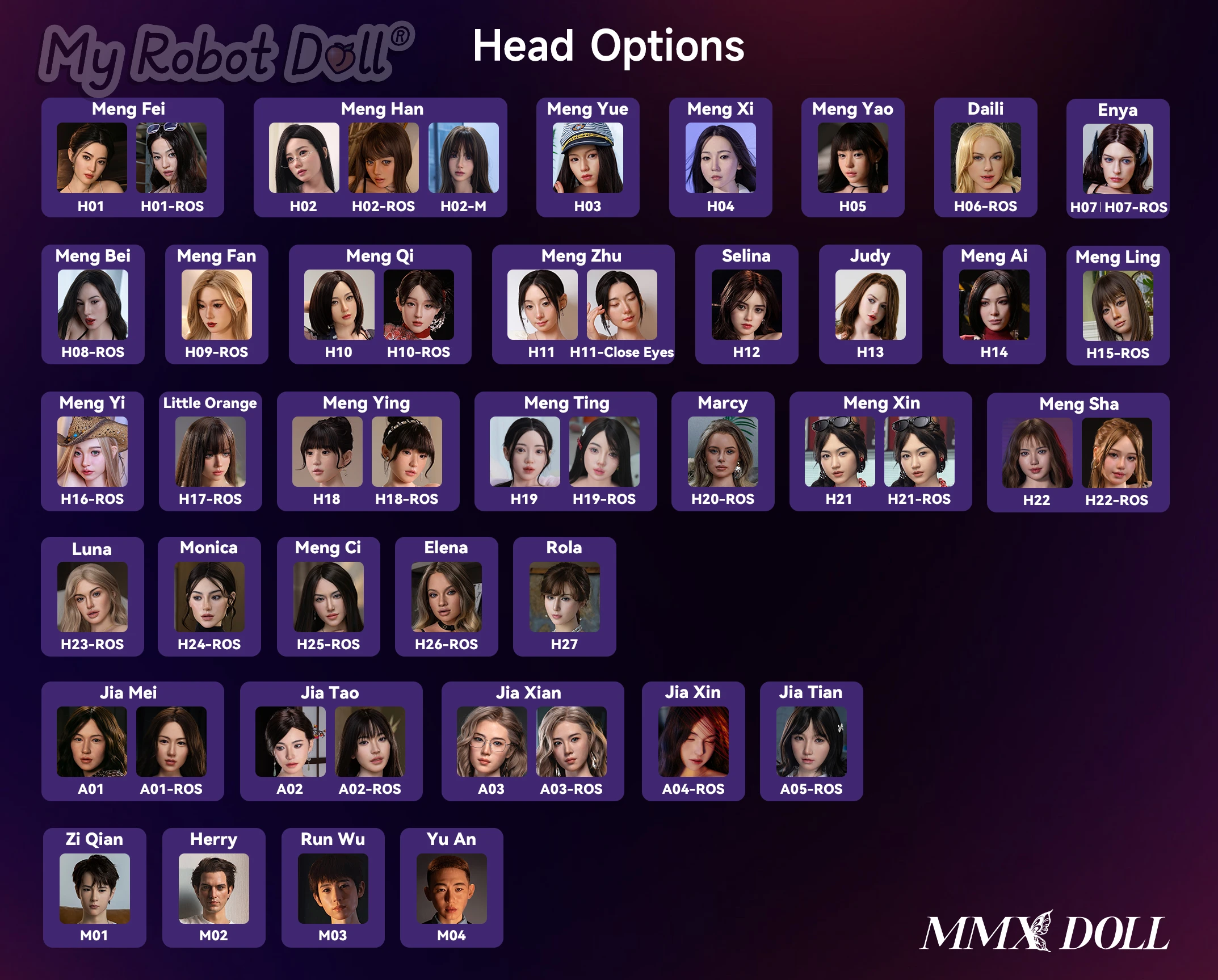 MMX Doll complete head options list — all female and male silicone heads 2026