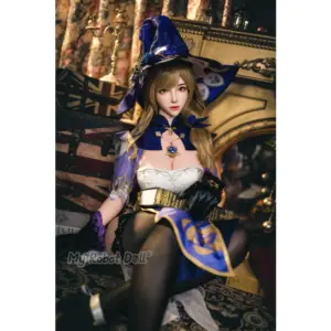 Bezlya Doll Yulania 2.2CF 155cm with blonde hair, witch-style outfit, white dress, purple hat, and black stockings