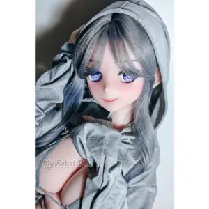 Elsa Babe AHR017 Asano Tari 144cm anime-style doll with gray-blue hair, purple eyes, gray hooded outfit, and soft painted expression.