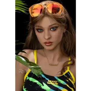 Funwest #057 Sheila 140cm F Cup doll with wavy light brown hair, blue eyes, and colorful swimsuit styling