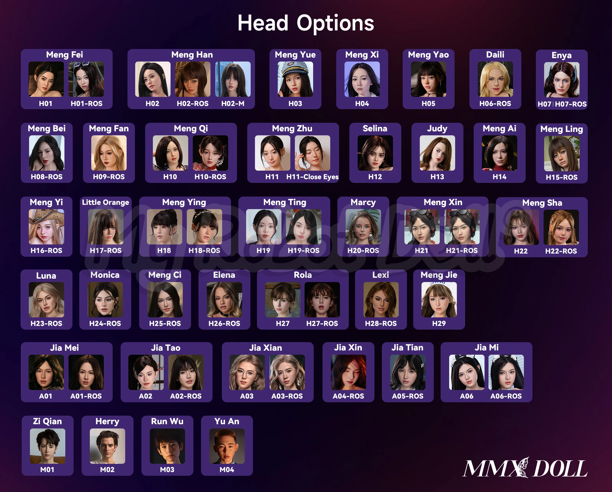 MMX Doll complete head options list — all female and male silicone heads 2026