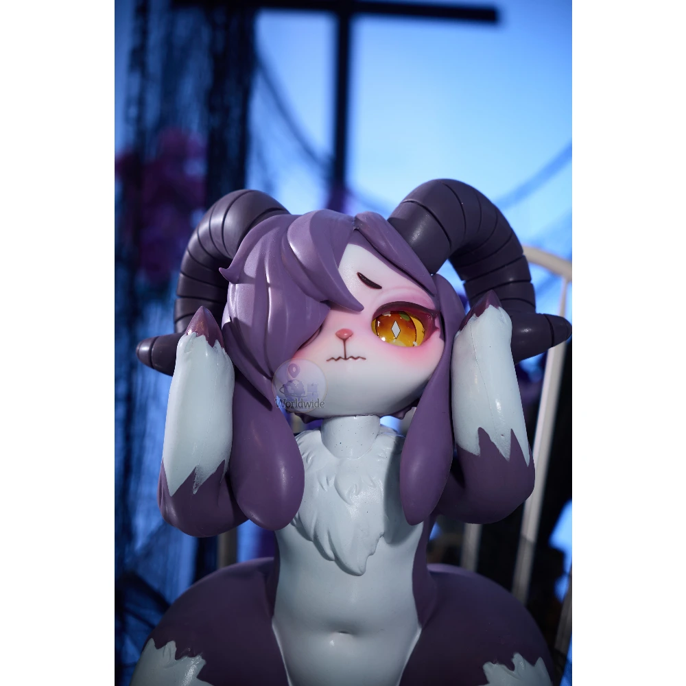Mrl Demon Sheep Rabbit 55Cm Purple And White Monster-Style Doll With Curled Horns, Animal Ears, And Paw Details