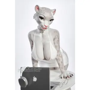 Moonvale Doll Velara 165cm D Cup with feline head design, spotted body markings, glasses, white dress, and paw-style feet