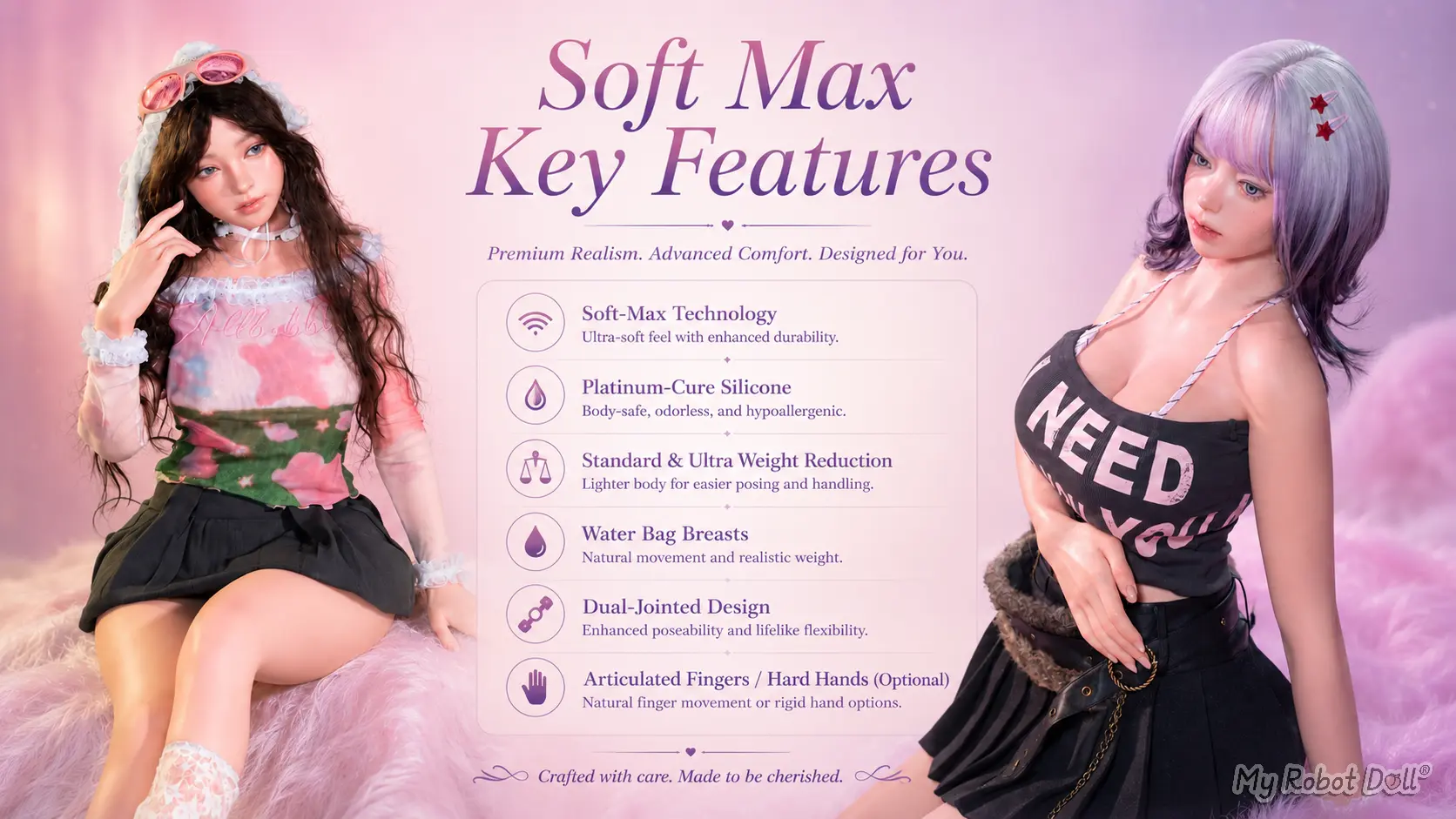 Sino Doll Soft-Max Series Key Features Including Soft-Max Technology, Platinum-Cure Silicone, Weight Reduction, Water Bag Breasts, Dual-Jointed Design, And Optional Articulated Fingers
