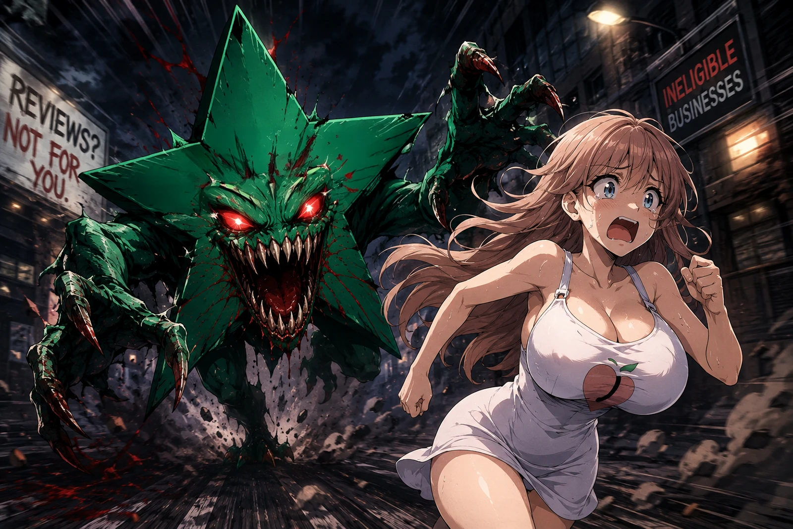 Parody Anime Illustration Of A Review Platform Monster Chasing A Scared Doll
