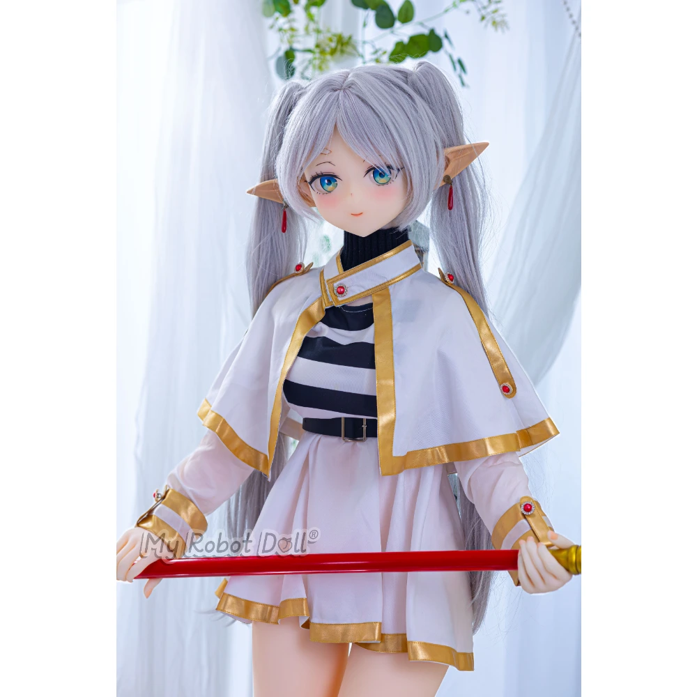 Aotume #134 145Cm Anime-Style Elf Doll With Silver Twin-Tail Hair, Pointed Ears, Blue-Green Eyes, White-And-Gold Outfit, And Red Staff Accessory