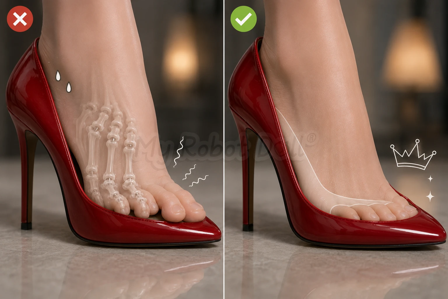 Comic Of Bendy Articulated Toes Failing To Fit A High Heel While A Rigid Foot Wears It Perfectly