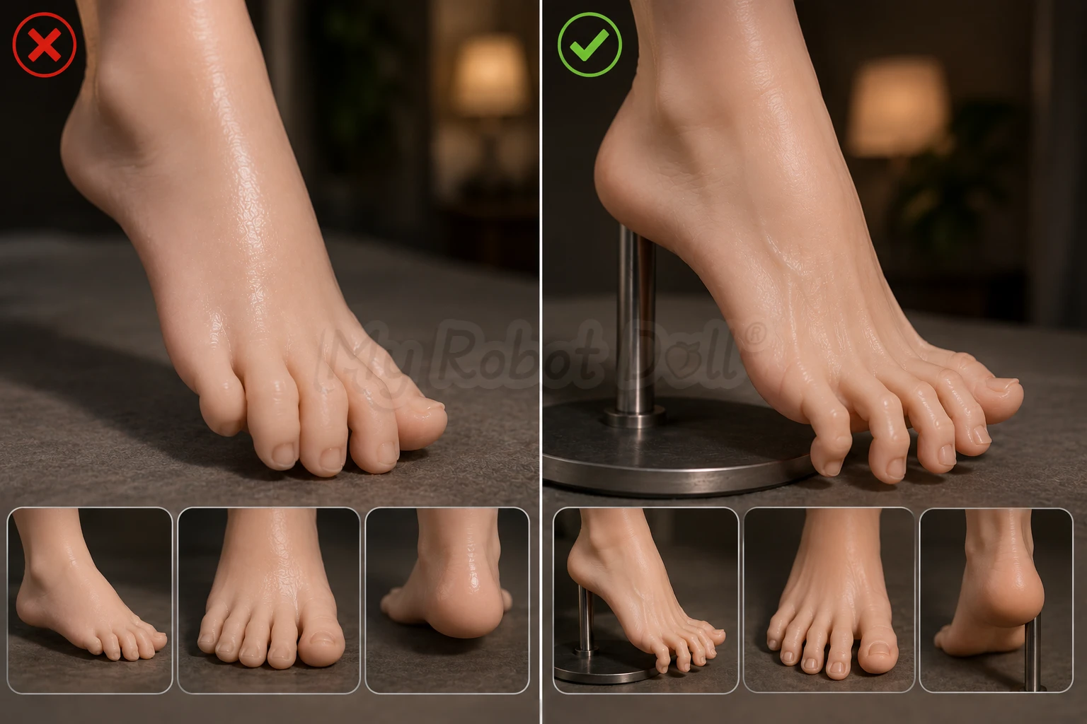 Comparison Of A Boneless Jiggly Silicone Foot With Drooping Toes Versus A Foot With An Articulated Toe Skeleton Holding A Pose