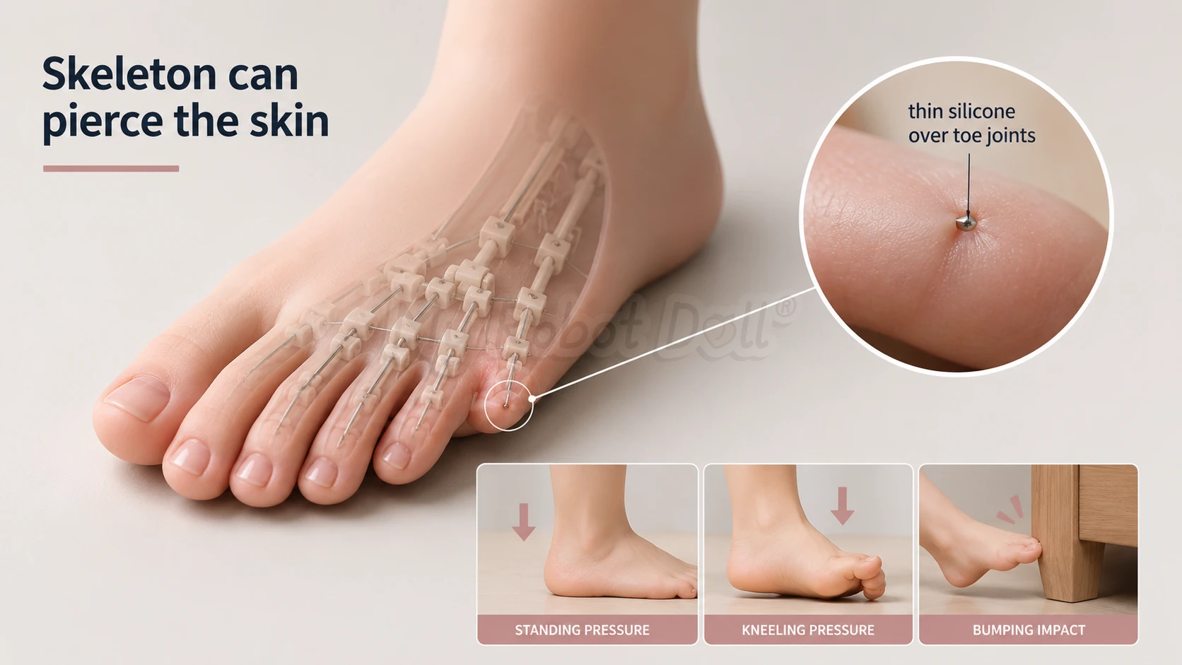 Two-Panel Cartoon Cutaway Showing A Toe Wire Nearly Piercing Silicone Skin, Then Blocked By A Protective Cap