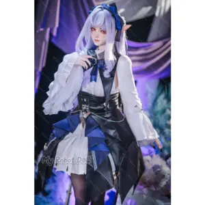 Bezlya Campanula 2.2CF 155cm elf-style doll with long white hair, pointed ears, red eyes, blue bow accents, black-and-white outfit, and fantasy styling