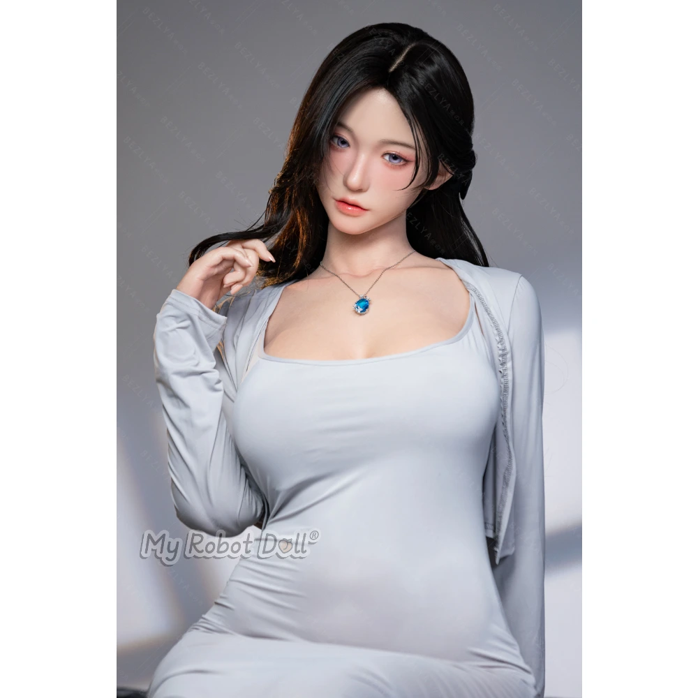 Bezlya Sex Doll 2.2 Max Series Lillapruina - 168Cm / 5'6&Quot; Full Silicone - Realistic Skin Texture 1 Bezlya Lillapruina 2.2 Max 168Cm Doll With Long Black Hair, Blue-Gray Eyes, Pale Gray Fitted Outfit, And Blue Pendant Necklace.
