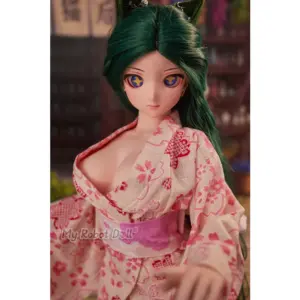 CLM Momo 60cm anime-style doll with green hair, cat ears, large eyes, floral kimono styling, and fantasy character design