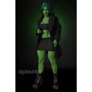 CLM Renee 70cm Hulk cosplay mini silicone doll with green skin, teal hair, gold eyes, dark outfit, coat styling, and superhero fantasy design