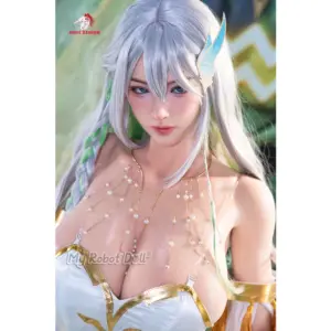 Doll Senior Aquarius 175cm doll with silver hair, blue eyes, white-and-gold fantasy outfit, pearl chain details, and refined facial presentation.