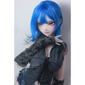 Elsa Babe AHRC034 Kanzaki Yuna 176cm anime-style doll with bright blue hair, purple eyes, dark pinstripe outfit, lace sleeve styling, and detailed head design