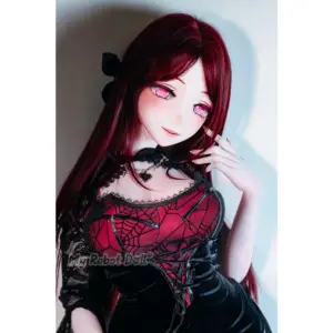 Elsa Babe AHRC036 Akizuki Shimo 176cm anime-style doll with long red hair, pink eyes, black lace cape, and red-and-black corset outfit