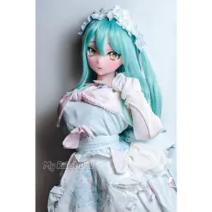 Elsa Babe Asawa Natsuko 140cm doll with long turquoise hair, bright green eyes, anime-inspired facial detailing, and a layered white maid outfit