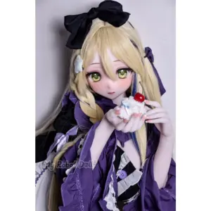 Elsa Babe RAD055 Izumi Rika 148cm anime-style doll with long blonde hair, green eyes, purple-and-black maid outfit, lace trim, and bow accents