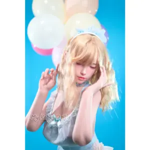 FUDOLL Chinatsu 152cm doll with blonde wavy hair, blue-and-white maid outfit, lace stockings, blue shoes, and full-body styling