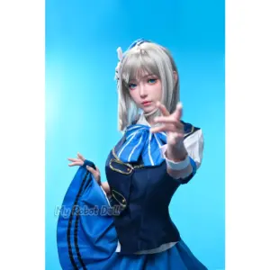 FUDOLL Chinatsu 152cm doll with silver bob hair, blue eyes, blue-and-navy outfit, striped bow accent, and refined facial presentation