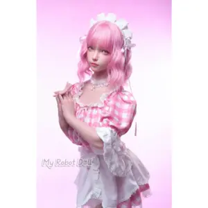 FUDOLL Chinatsu 152cm doll with pink wavy hair, pink-and-white dessert outfit, lace trim, seated pose, and refined facial presentation