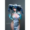Fudoll Xiaobei 161Cm Doll With Dark Hair, Teal Highlights, Blue Eyes, Pale Blue Satin Outfit, Oversized Decorative Hat, And Gold Tassel Accents