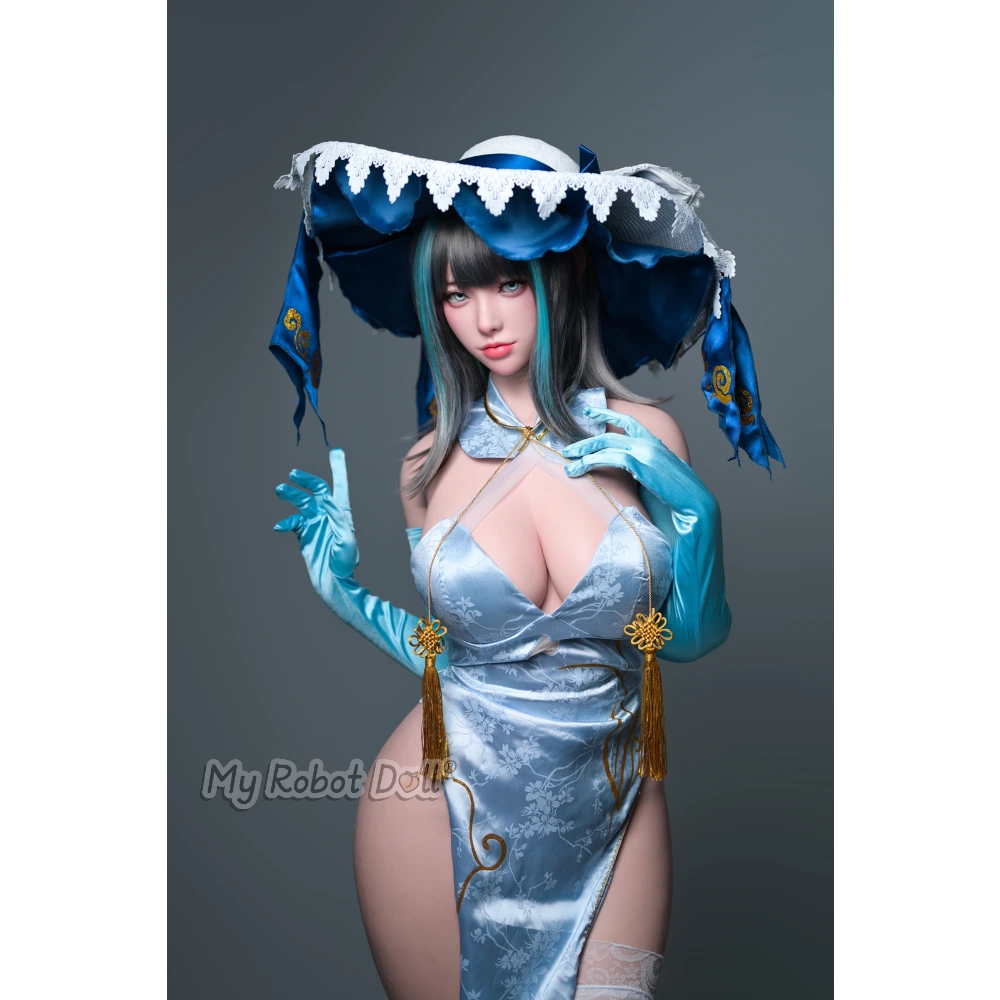 Sex Doll Head Xiaobei Fudoll - 161Cm / 5'3&Quot; Realistic Skin Texture 1 Fudoll Xiaobei 161Cm Doll With Dark Hair, Teal Highlights, Blue Eyes, Pale Blue Satin Outfit, Oversized Decorative Hat, And Gold Tassel Accents