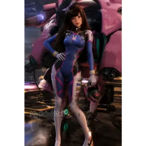 Game Lady 46/1 167cm doll with long dark brown hair, detailed facial sculpting, cheek markings, and a blue and pink sci-fi bodysuit