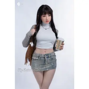 Gynoid 23R Limi 156cm doll with long black hair, soft makeup, white cropped top, gray cardigan, denim skirt, and casual full-body styling