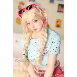 Irontech G1 Xia Ying 148cm anime-style doll with blonde braided hair, pink sunglasses, detailed facial design, and colorful casual styling