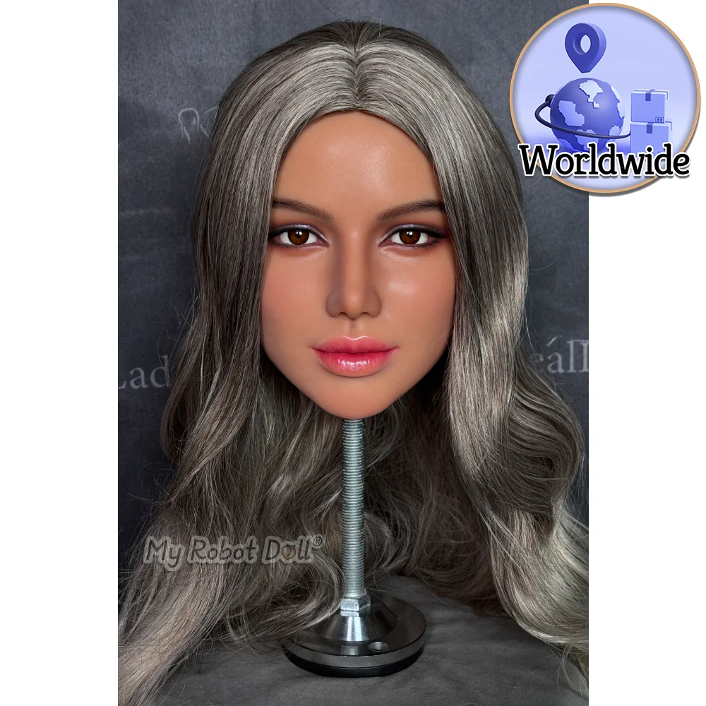 Sex Doll S13-Celine Real Lady Doll Head - In Stock With Fast Delivery Worldwide - Only One! 1 Real Lady T4 Head With Long Gray Wavy Hair, Brown Eyes, Tan Skin Tone, Glossy Lips, And Worldwide Stock Badge