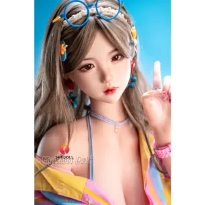 SHEDOLL Beizhi 155cm with long wavy hair, colorful striped shirt dress, sunglasses accessory, and standing pose