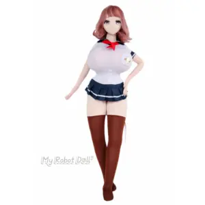 Sakura Doll #1 150cm anime-style doll with pink shoulder-length hair, pink eyes, exaggerated bust styling, white top, pleated skirt, and brown thigh-high socks