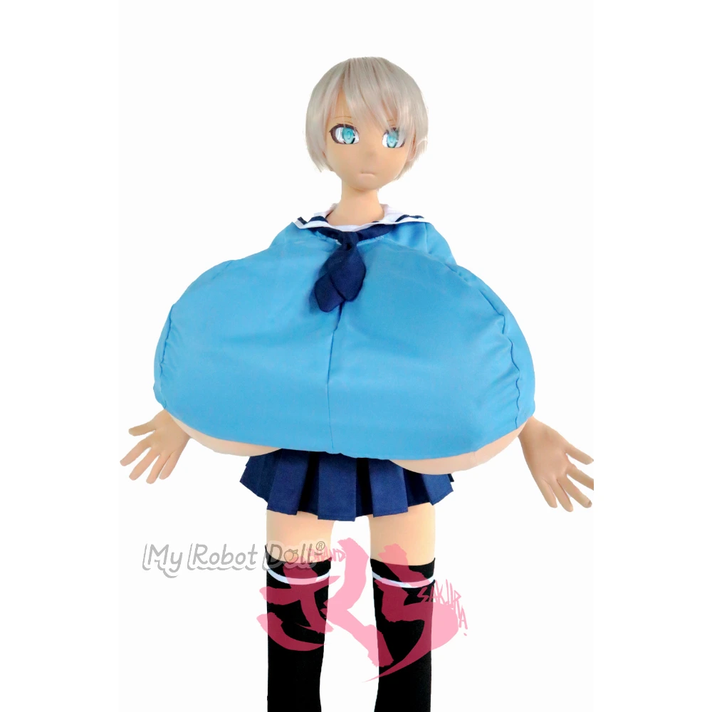 Fabric Anime Doll Sakura Dolls Head #10 - 155Cm / 5'1&Quot; 1 Sakura Doll #10 155Cm Anime-Style Doll With Short Light Hair, Blue Eyes, Oversized Bust Styling, Blue Outfit, Pleated Skirt, And Black Thigh-High Socks