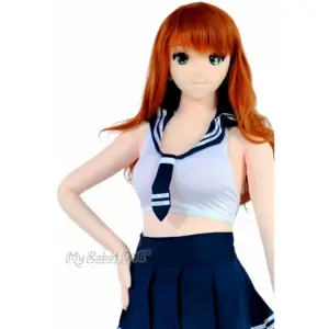 Sakura Doll #22 168cm anime-style doll with long orange hair, large blue eyes, white crop top, navy pleated skirt, necktie detail, and clean upper-body styling