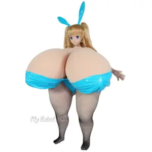 Sakura Doll 130cm anime-style doll with blonde twin-tail hair, blue eyes, oversized bust styling, blue outfit detail, and black fishnet stockings