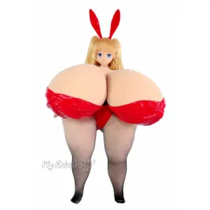 Sakura Doll 130cm anime-style doll with blonde twin-tail hair, blue eyes, red bunny ear accessory, exaggerated bust styling, red outfit detail, and black fishnet stockings