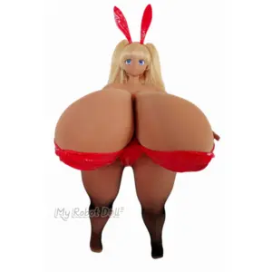 Sakura Doll 130cm anime-style doll with blonde twin-tail hair, blue eyes, red bunny ear accessory, exaggerated bust styling, red outfit detail, and black fishnet stockings