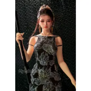 Sanhui #27 155cm doll with dark styled hair, soft makeup, black patterned dress, jewelry accents, tiara detail, and elegant full-body presentation