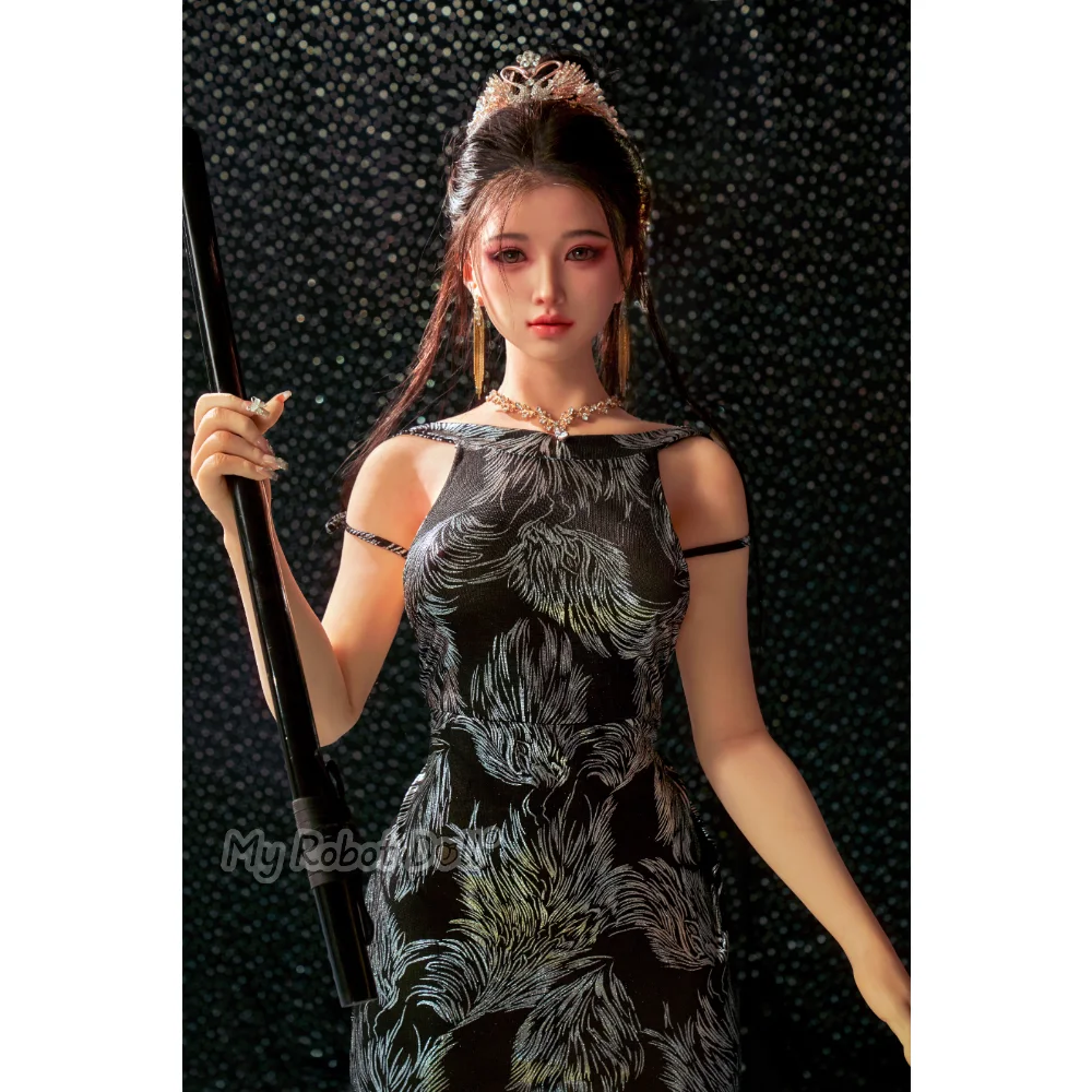 Sex Doll Head #27 Sanhui - 155Cm / 5'1&Quot; Full Silicone - All-In-One Seamless Neck 1 Sanhui #27 155Cm Doll With Dark Styled Hair, Soft Makeup, Black Patterned Dress, Jewelry Accents, Tiara Detail, And Elegant Full-Body Presentation