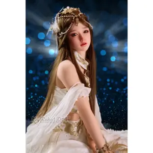 Sanhui #41 158cm doll with long brown hair, ornate pearl headpiece, soft makeup, white-and-gold outfit styling, and bow accessory
