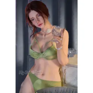 Sanhui #42 158cm doll with auburn hair, soft makeup, green lingerie, pearl necklace, glass accessory, and seated full-body styling