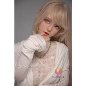 Shedoll Yuayuan 148cm E-Cup doll with light blonde hair, blue eyes, soft makeup, glossy lips, and refined close-up facial presentation